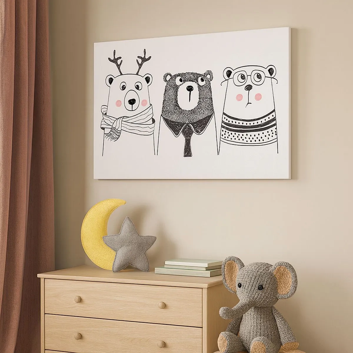 Quadro em tela - Três ursos engraçados em estilo minimalista - 70x50cm - Urso, ursinho e ursão - Decoração de parede moderna para a sala de estar e quarto ARTTOR