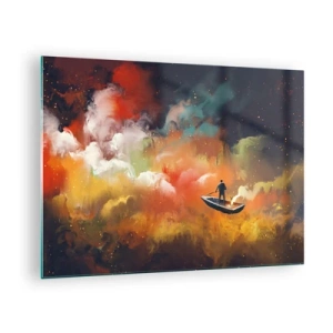 Quadro em vidro - Uma figura em um barco flutuando entre nuvens galácticas coloridas - 70x50cm - De barco pela galáxia - Decoração de parede moderna para a sala de estar e quarto ARTTOR