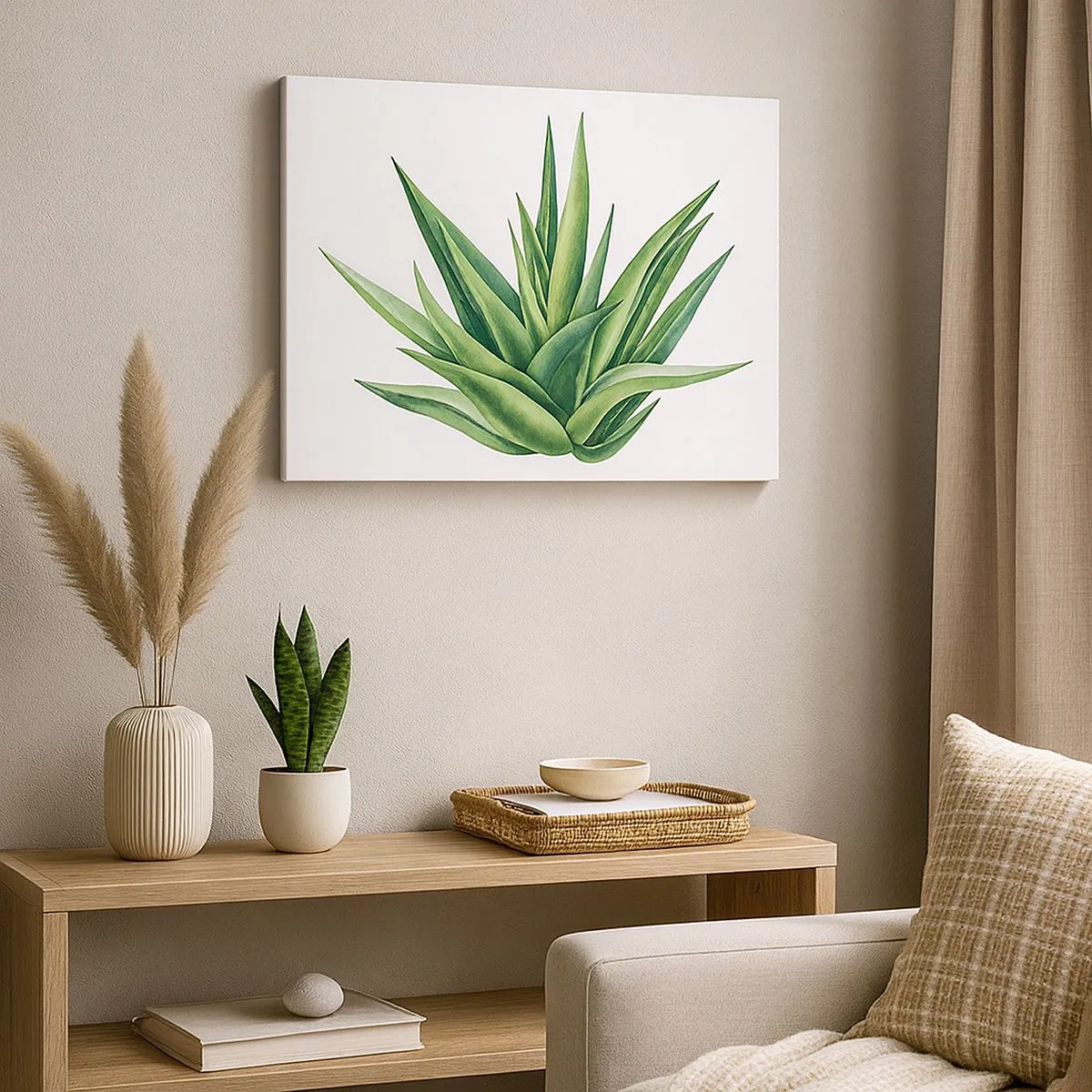 Quadro em tela - Uma planta verde suculenta em um fundo branco - 70x50cm - Verde – força – vida - Decoração de parede moderna para a sala de estar e quarto ARTTOR