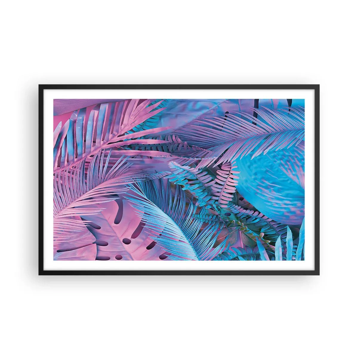 Pôster com moldura preta - Trópicos em rosa e azul - 91x61 cm