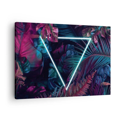 Quadro em tela - Um triângulo neon cercado por folhas tropicais em cores escuras. - 70x50cm - Jardim estilo discoteca - Decoração de parede moderna para a sala de estar e quarto ARTTOR