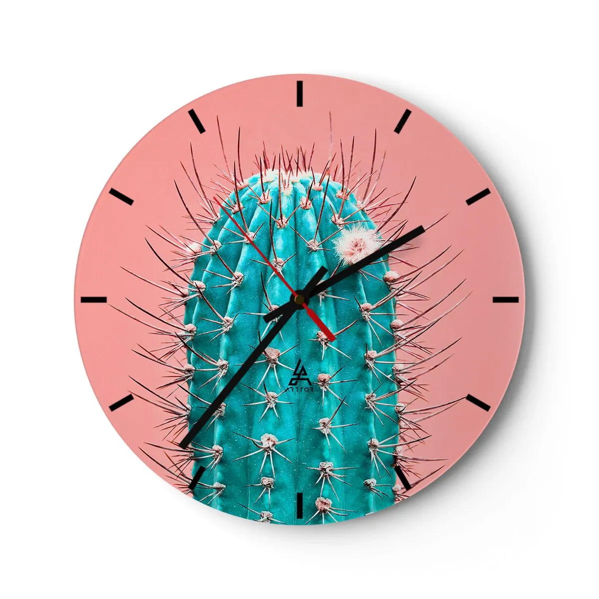 Relógio de parede - Relógio em vidro - Close-up de um cacto turquesa em um fundo rosa - 30x30cm - Apenas olhe - Decoração de parede moderna para a sala de estar, cozinha e quarto ARTTOR