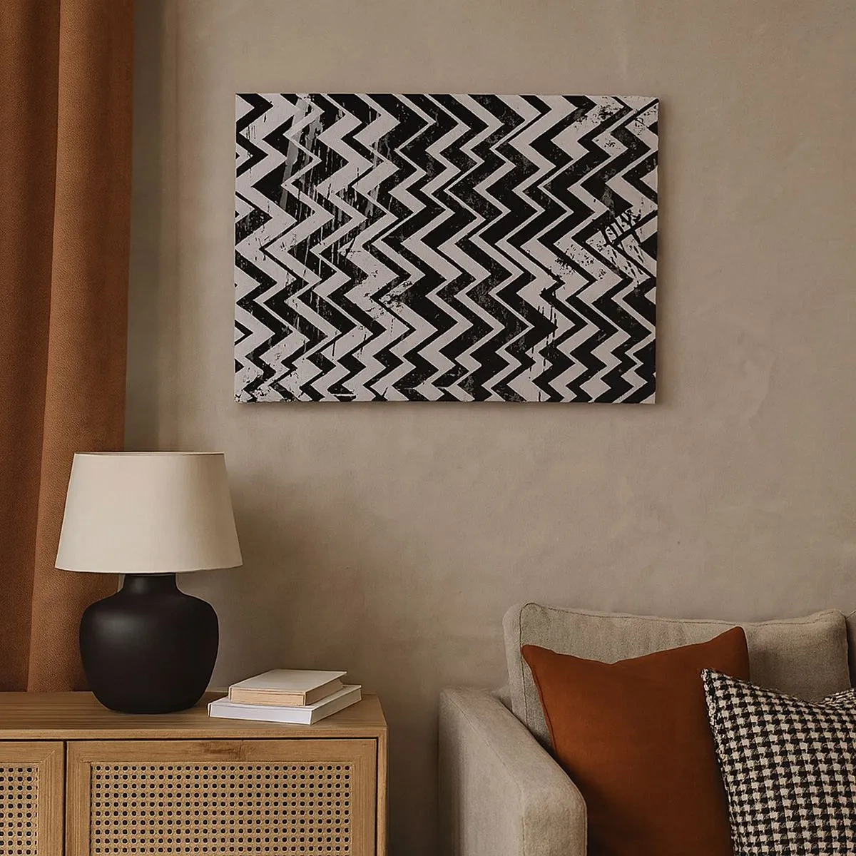 Quadro em tela - Padrão em zigue-zague preto e branco com abrasões artísticas - 70x50cm - Zig-branco, zag-preto - Decoração de parede moderna para a sala de estar e quarto ARTTOR