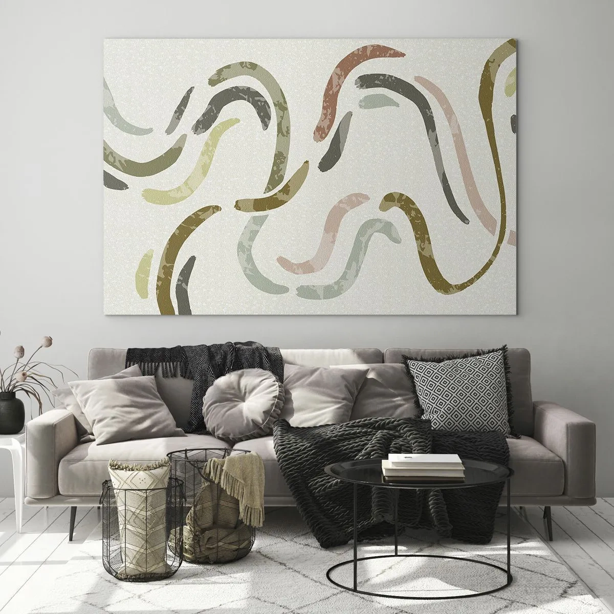 Quadro em vidro - Formas coloridas onduladas em um fundo claro - 70x50cm - Uma alegre dança de abstração - Decoração de parede moderna para a sala de estar e quarto ARTTOR