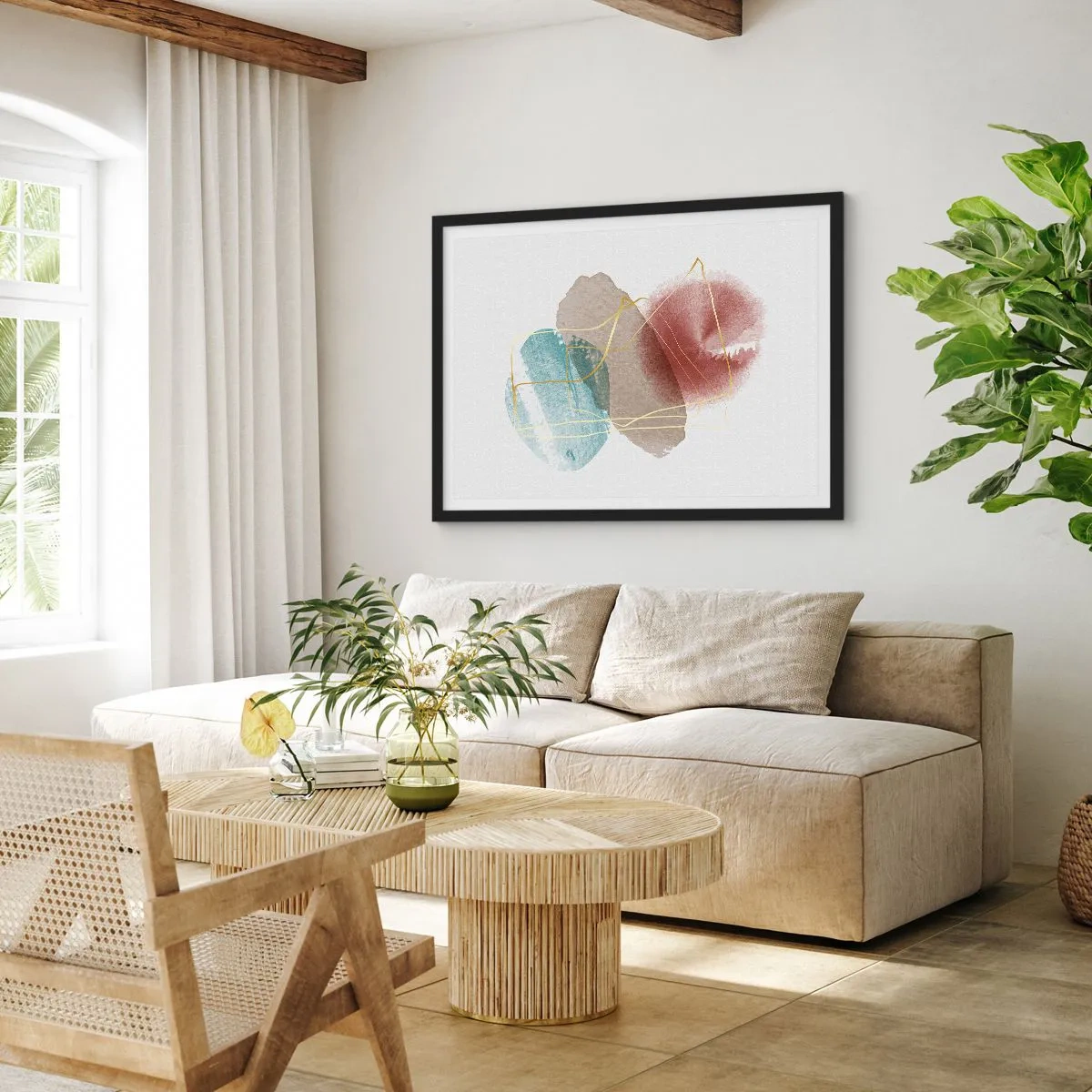 Pôster com moldura preta - Corais espaciais - 100x70 cm