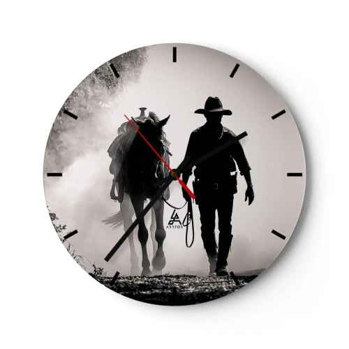 Relógio de parede - Relógio em vidro - Um cowboy conduzindo seu cavalo na neblina da manhã - 30x30cm - Manhã no Texas - Decoração de parede moderna para a sala de estar, cozinha e quarto ARTTOR