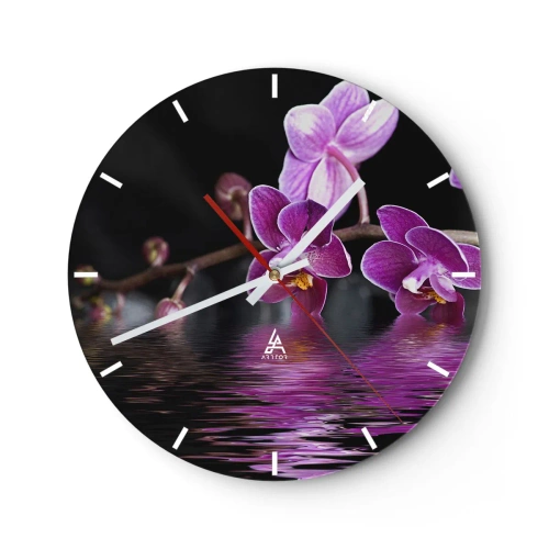 Relógio de parede - Relógio em vidro - Orquídeas rosa refletidas na água sobre um fundo preto - 30x30cm - Reflexo lilás da beleza - Decoração de parede moderna para a sala de estar, cozinha e quarto ARTTOR