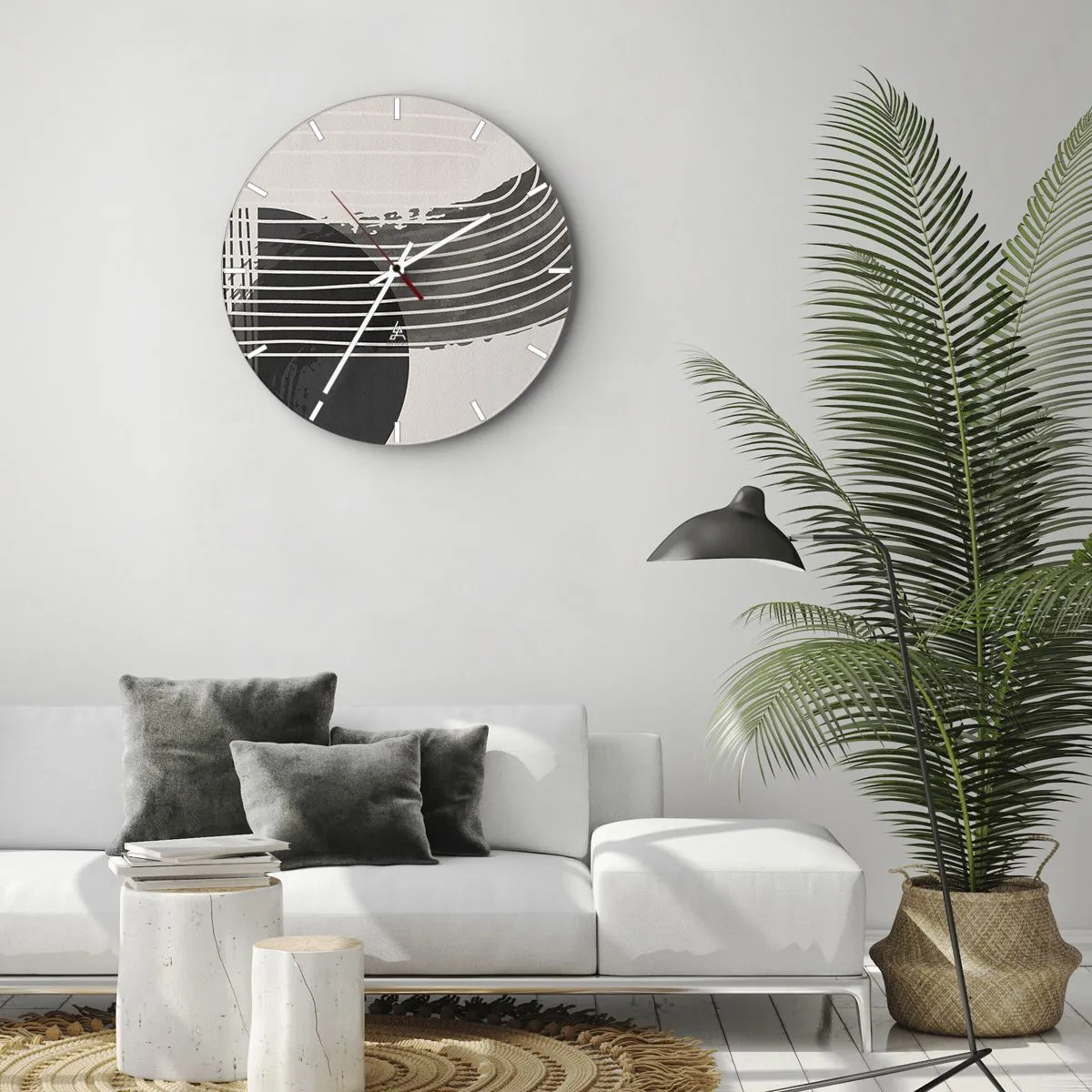 Relógio de parede - Relógio em vidro - Composição geométrica com linhas e semicírculos em tons de cinza. - 30x30cm - Ida e volta - Decoração de parede moderna para a sala de estar, cozinha e quarto ARTTOR