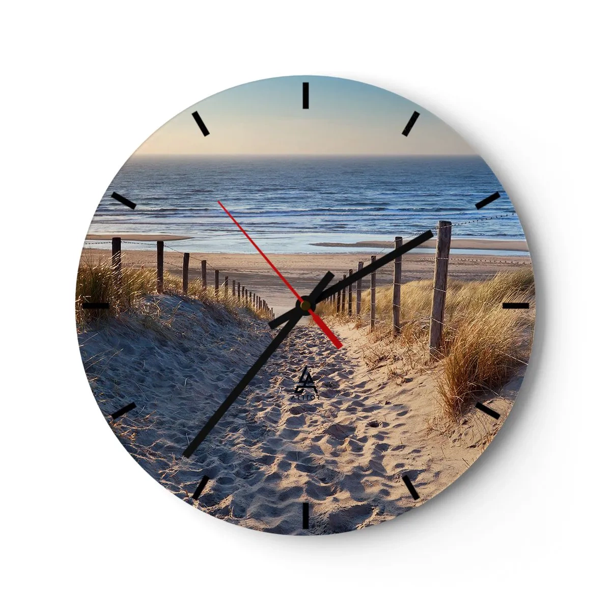 Relógio de parede - Relógio em vidro - Um caminho pelas dunas que leva à praia com vista para o mar - 30x30cm - O som do mar, o canto dos pássaros, a praia selvagem entre a relva…