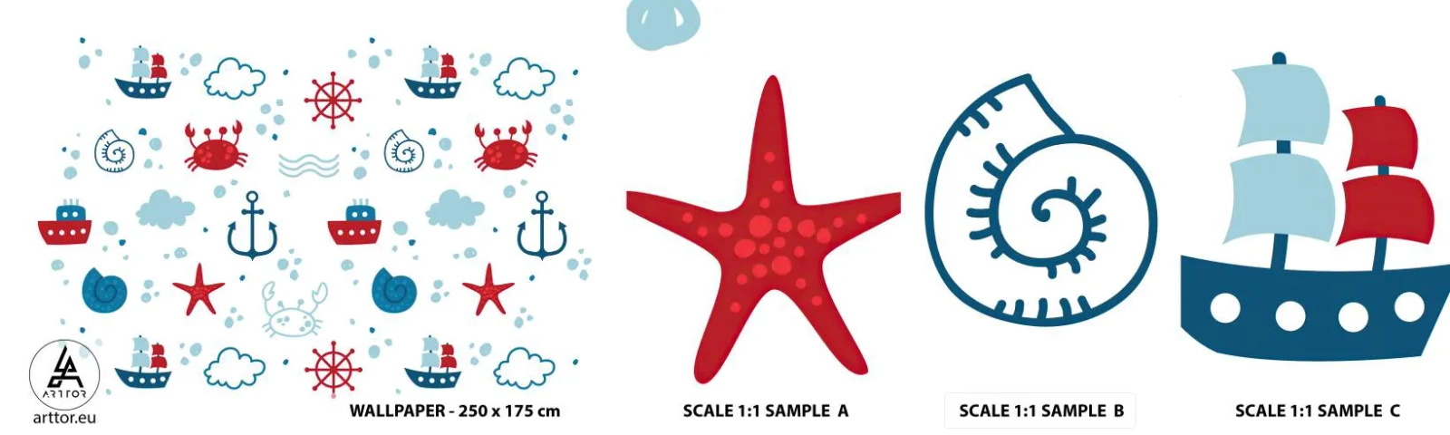 Amostra de Papel de Parede Standard Eco - Conto de fadas do mar - navegação, Náutico, Âncora - 100x30 cm