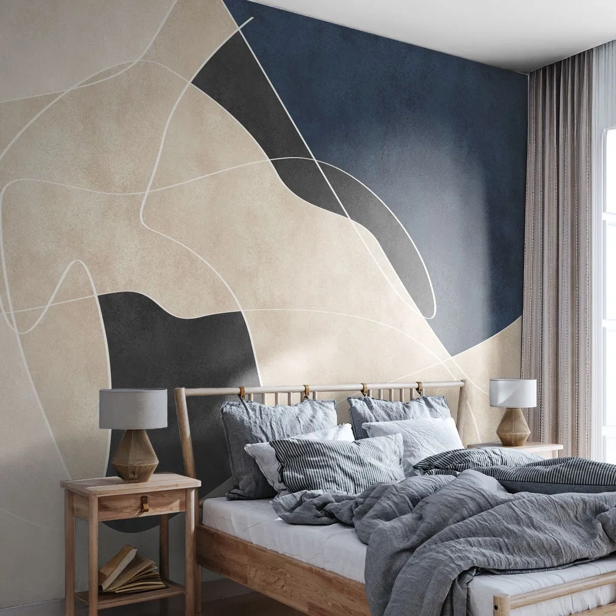 Papel de Parede Standard Eco - Abstração bege e preta com linhas azul marinho e brancas - 100x70cm - Composição abstrata – contraste de cores - Decoração de parede moderna para a sala de estar e quarto ARTTOR