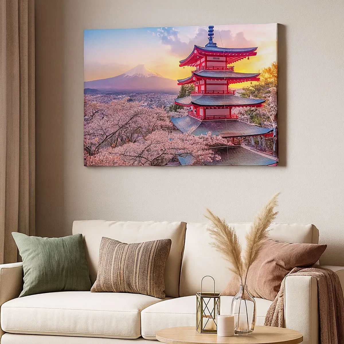 Quadro em tela - Um pagode no Japão com flores de cerejeira e o Monte Fuji - 70x50cm - A essência do espírito japonês - Decoração de parede moderna para a sala de estar e quarto ARTTOR