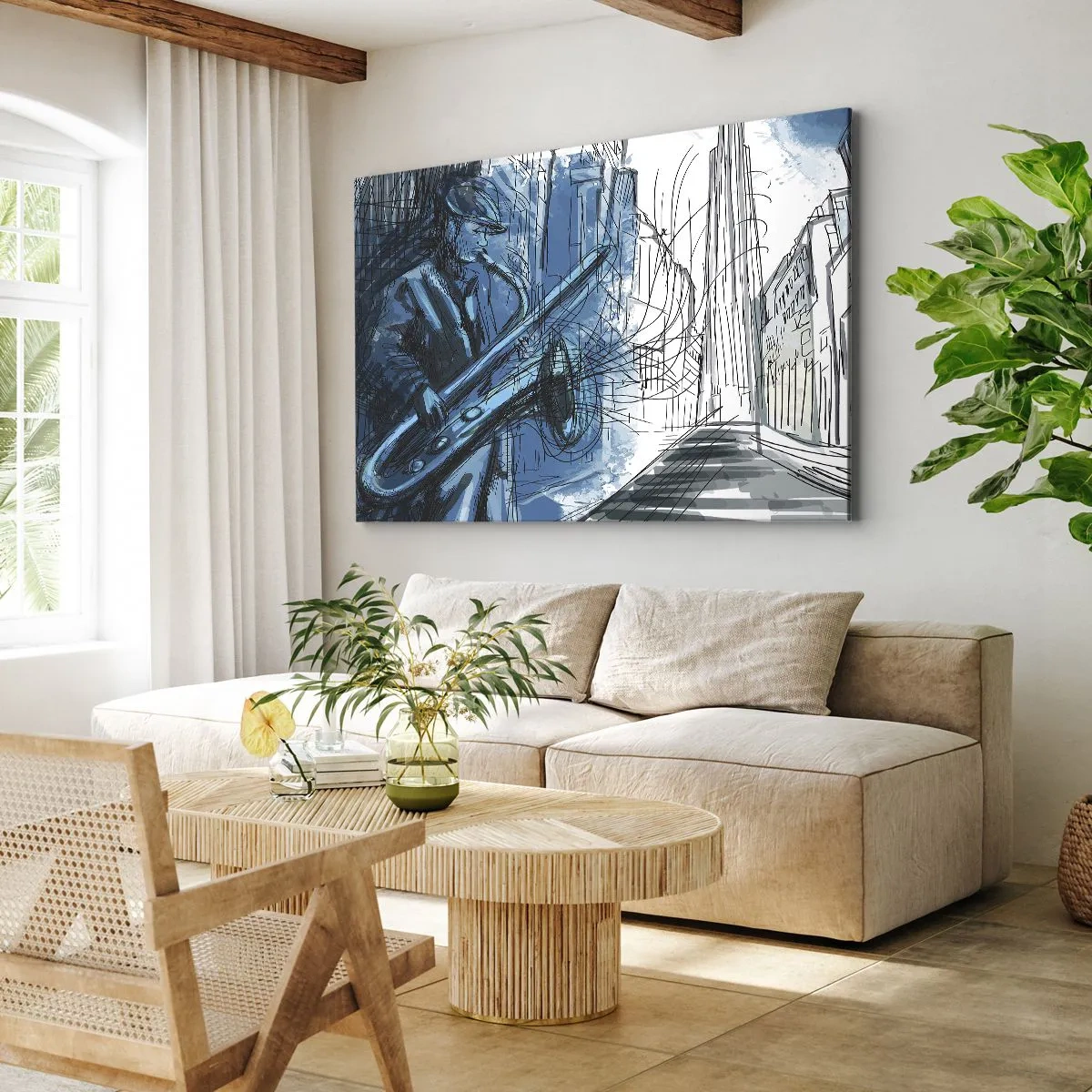 Quadro em tela - Uma figura tocando saxofone tendo como pano de fundo uma cidade - 70x50cm - Rapsódia Urbana - Decoração de parede moderna para a sala de estar e quarto ARTTOR