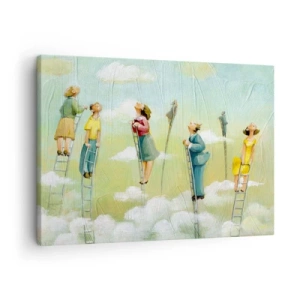 Quadro em tela - Figuras subindo escadas entre nuvens em um fundo pastel. - 70x50cm - Por trás do seu sonho - Decoração de parede moderna para a sala de estar e quarto ARTTOR