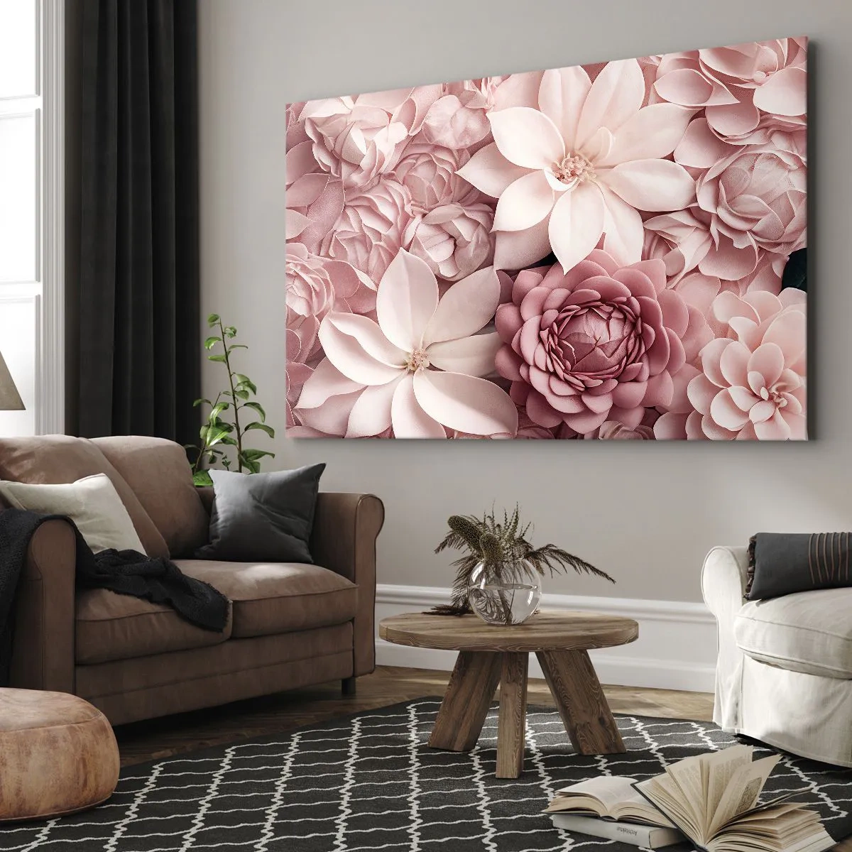 Quadro em tela - Flores em tons de rosa e branco numa abordagem artística - 70x50cm - Em pétalas rosa - Decoração de parede moderna para a sala de estar e quarto ARTTOR