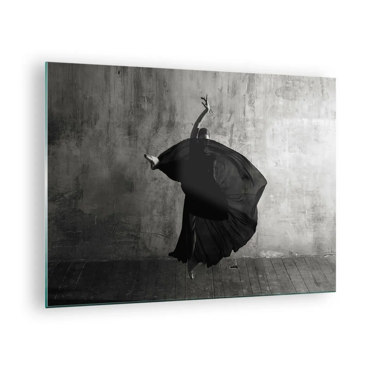Quadro em vidro - Silhueta em preto e branco de uma dançarina em pose dinâmica - 70x50cm - Cheio de paixão - Decoração de parede moderna para a sala de estar e quarto ARTTOR