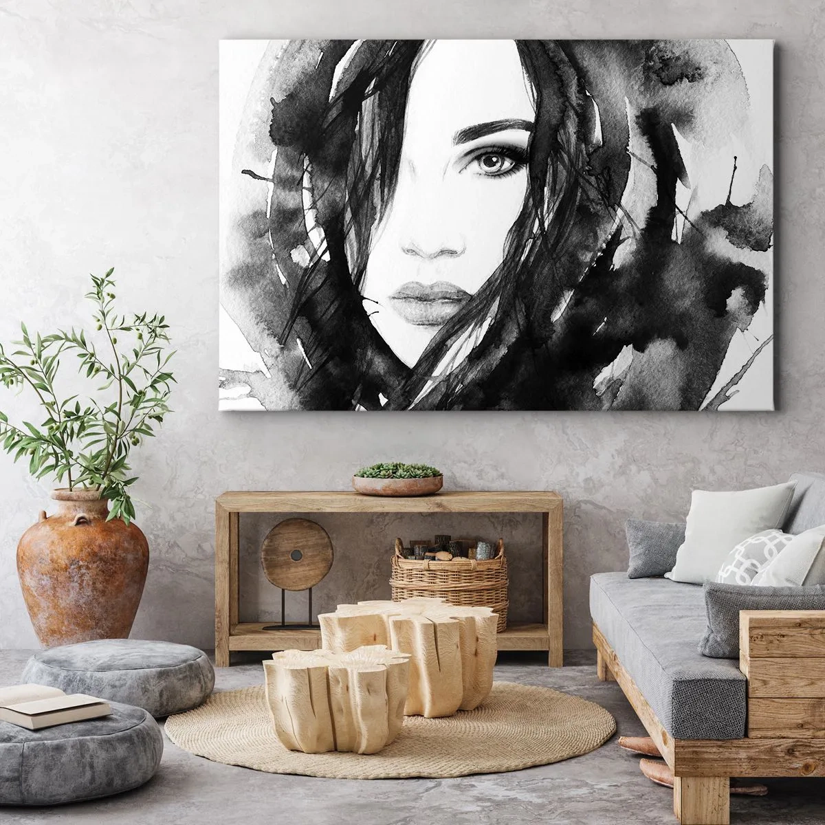 Quadro em tela - Retrato de uma dama a preto e branco - 70x50 cm