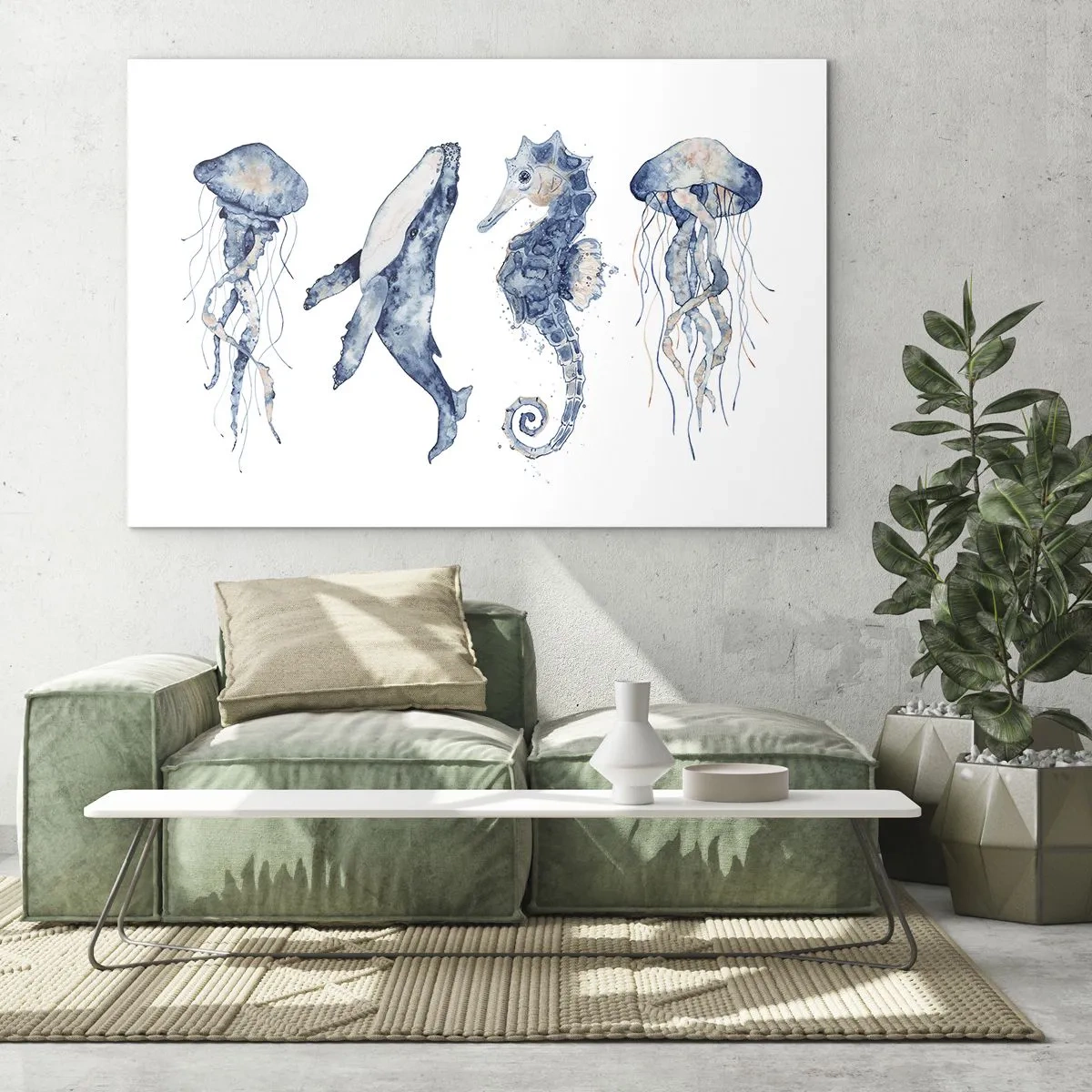Quadro em vidro - Criaturas marinhas em um delicado estilo aquarela - 70x50cm - Maravilhas do mar - Decoração de parede moderna para a sala de estar e quarto ARTTOR