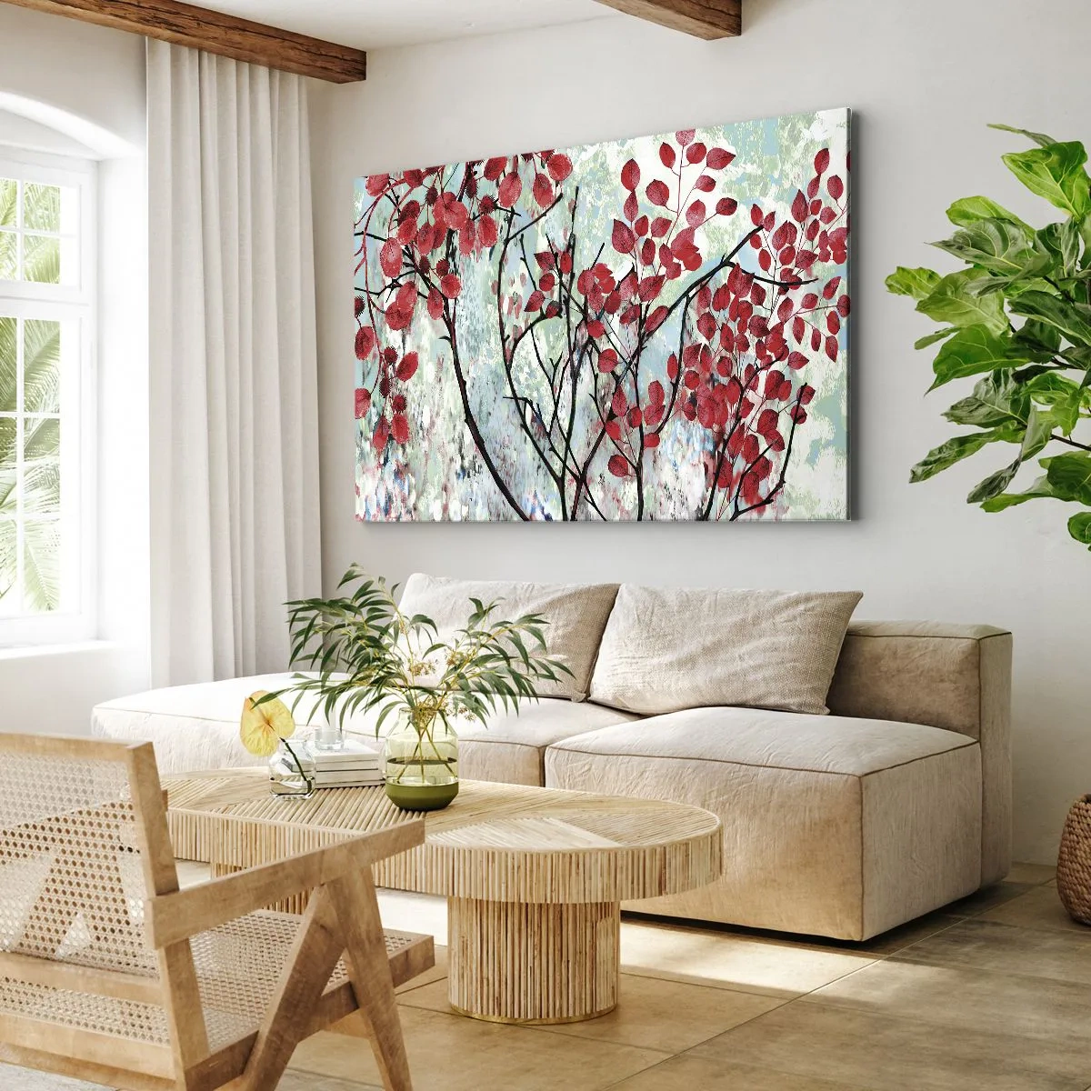 Quadro em tela - Folhas vermelhas contra um céu brilhante com padrões abstratos - 70x50cm - Árvore em escarlate - Decoração de parede moderna para a sala de estar e quarto ARTTOR