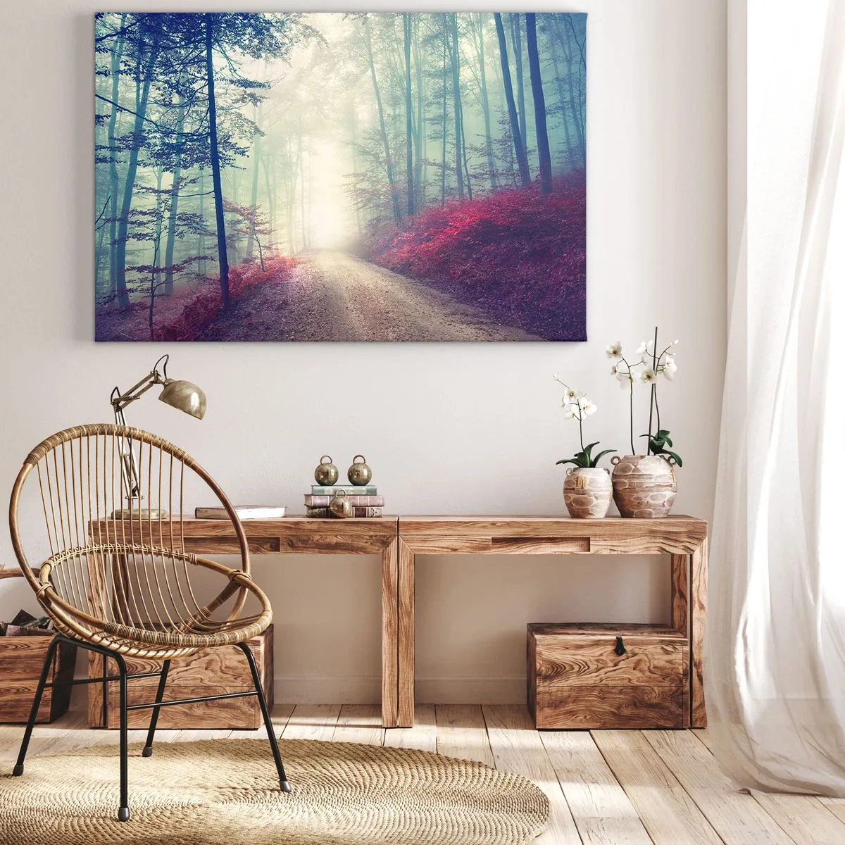 Quadro em tela - Um caminho mágico na floresta cercado por árvores e neblina - 70x50cm - Como é bom acordar cedo - Decoração de parede moderna para a sala de estar e quarto ARTTOR