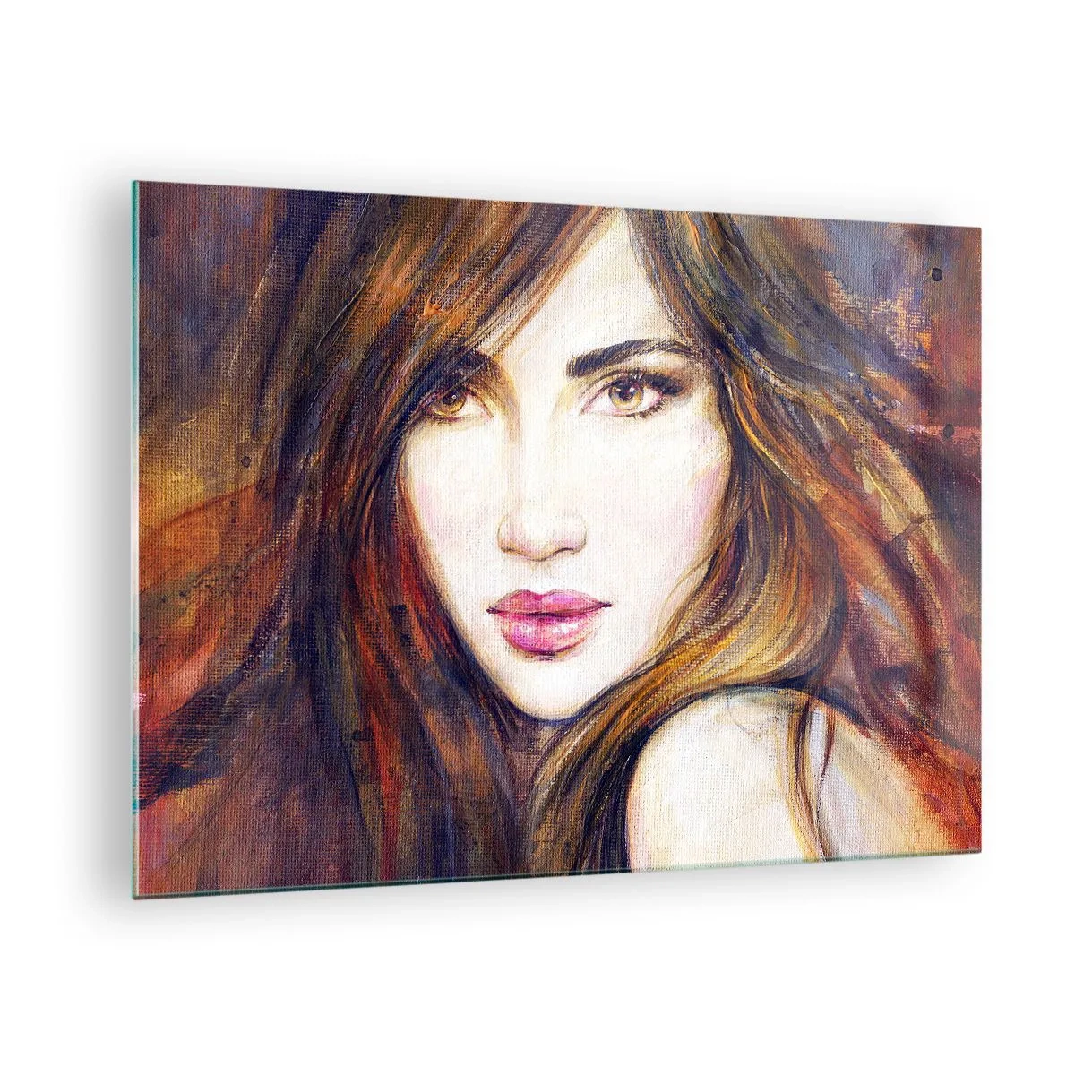 Quadro em vidro - Retrato de uma mulher em cores quentes e artísticas - 70x50cm - O que estás a pensar - Decoração de parede moderna para a sala de estar e quarto ARTTOR