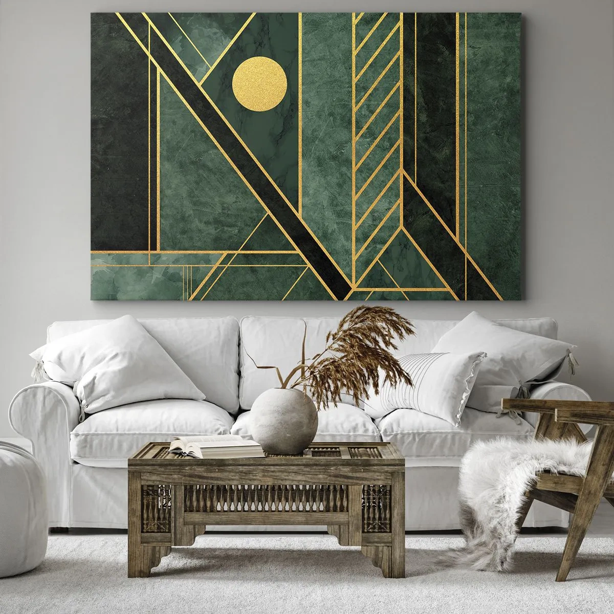 Quadro em tela - Design geométrico verde e dourado com um padrão elegante - 70x50cm - A dinâmica do ouro e do azul - Decoração de parede moderna para a sala de estar e quarto ARTTOR
