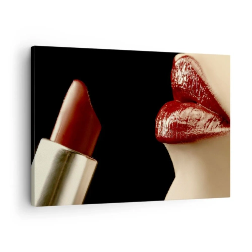 Quadro em tela - Lábios vermelhos e batom em fundo preto - 70x50cm - Sensualidade e brilho do carmim - Decoração de parede moderna para a sala de estar e quarto ARTTOR