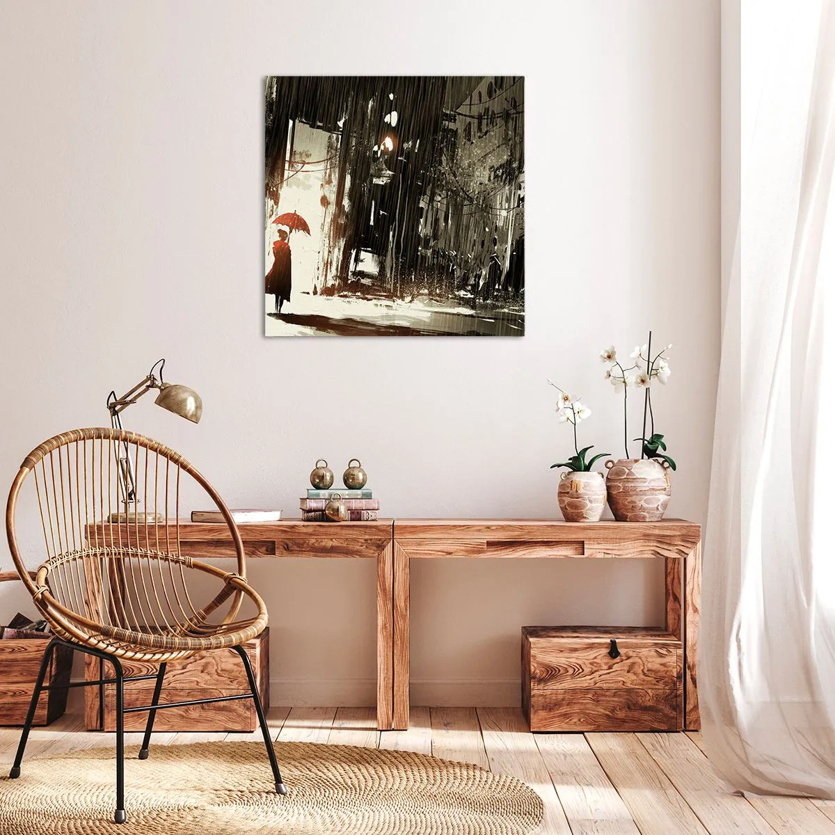 Quadro em tela - A poesia do guarda-chuva vermelho - 60x60 cm