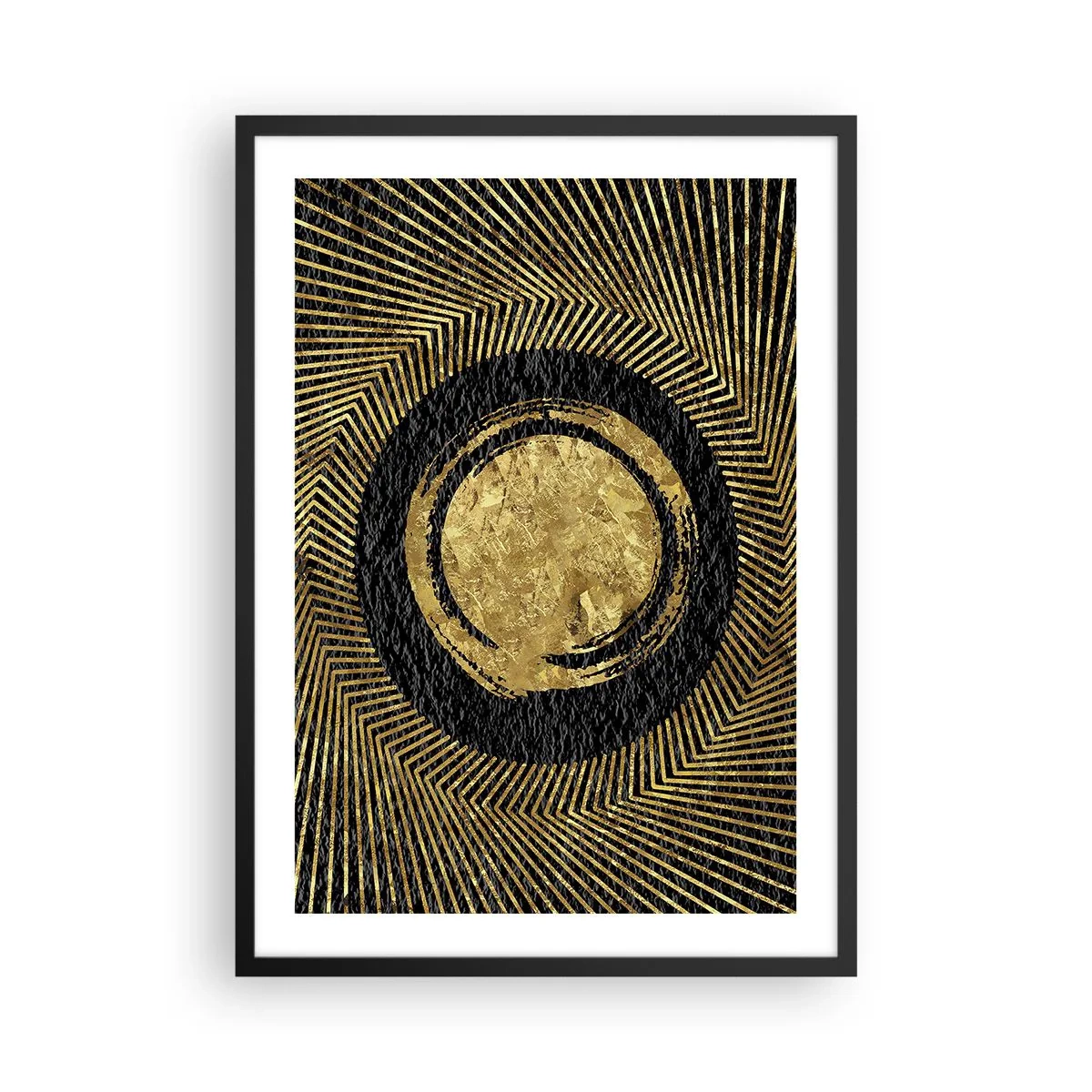 Pôster com moldura preta - Abstração geométrica dourada sobre fundo preto - 50x70cm - Composição glamourosa - Decoração de parede moderna para a sala de estar e quarto ARTTOR