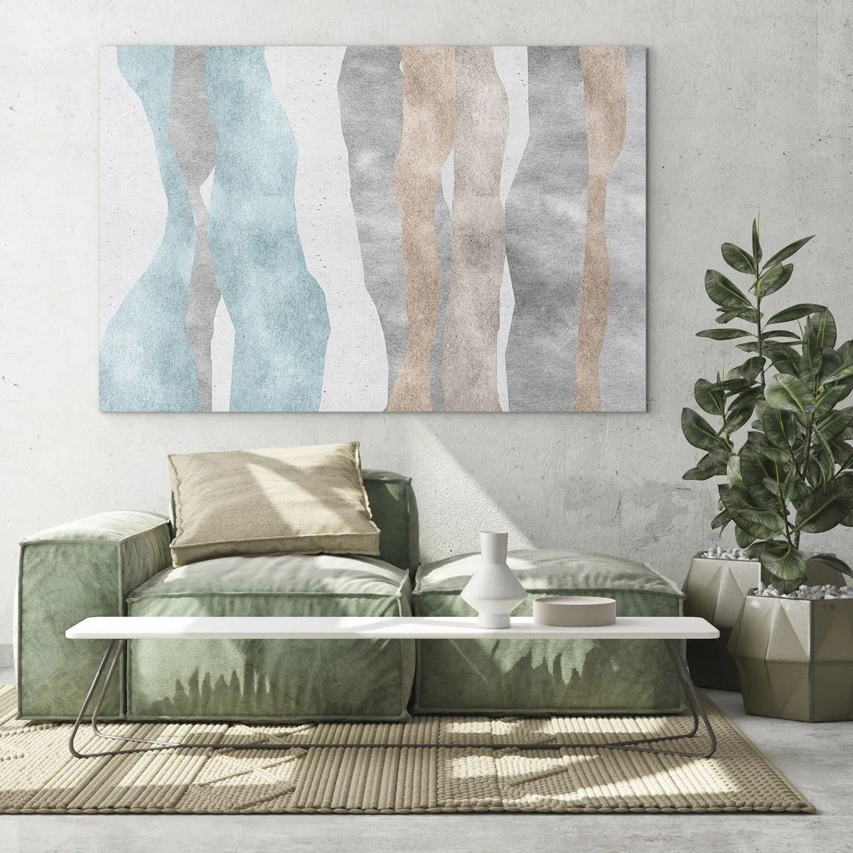 Quadro em vidro - Listras delicadas em tons de bege e azul - 70x50cm - Um estudo de proximidade - Decoração de parede moderna para a sala de estar e quarto ARTTOR