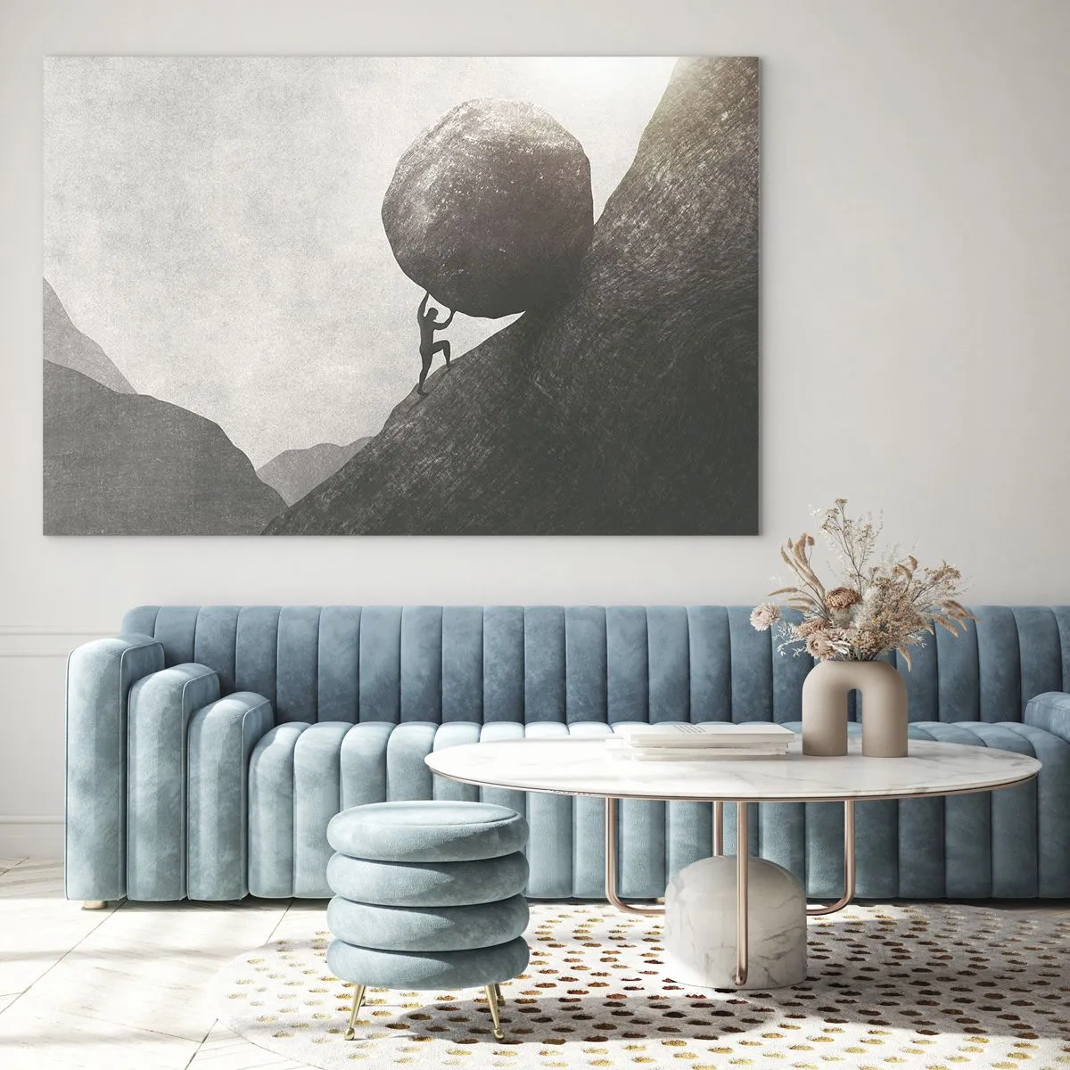 Quadro em vidro - Uma figura empurrando uma pedra morro acima em uma paisagem montanhosa - 70x50cm - Eu creio - Decoração de parede moderna para a sala de estar e quarto ARTTOR