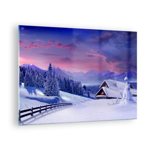 Quadro em vidro - Paisagem de inverno com uma casa de campo e montanhas cobertas de neve - 70x50cm - Noite silenciosa - Decoração de parede moderna para a sala de estar e quarto ARTTOR