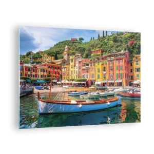 Quadro em vidro - Edifícios coloridos perto do porto em uma cidade pitoresca - 70x50cm - Manhã italiana - Decoração de parede moderna para a sala de estar e quarto ARTTOR