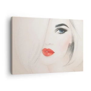 Quadro em tela - Um retrato minimalista de uma mulher com olhos azuis e lábios vermelhos. - 70x50cm - Hipnotiza e intoxica - Decoração de parede moderna para a sala de estar e quarto ARTTOR