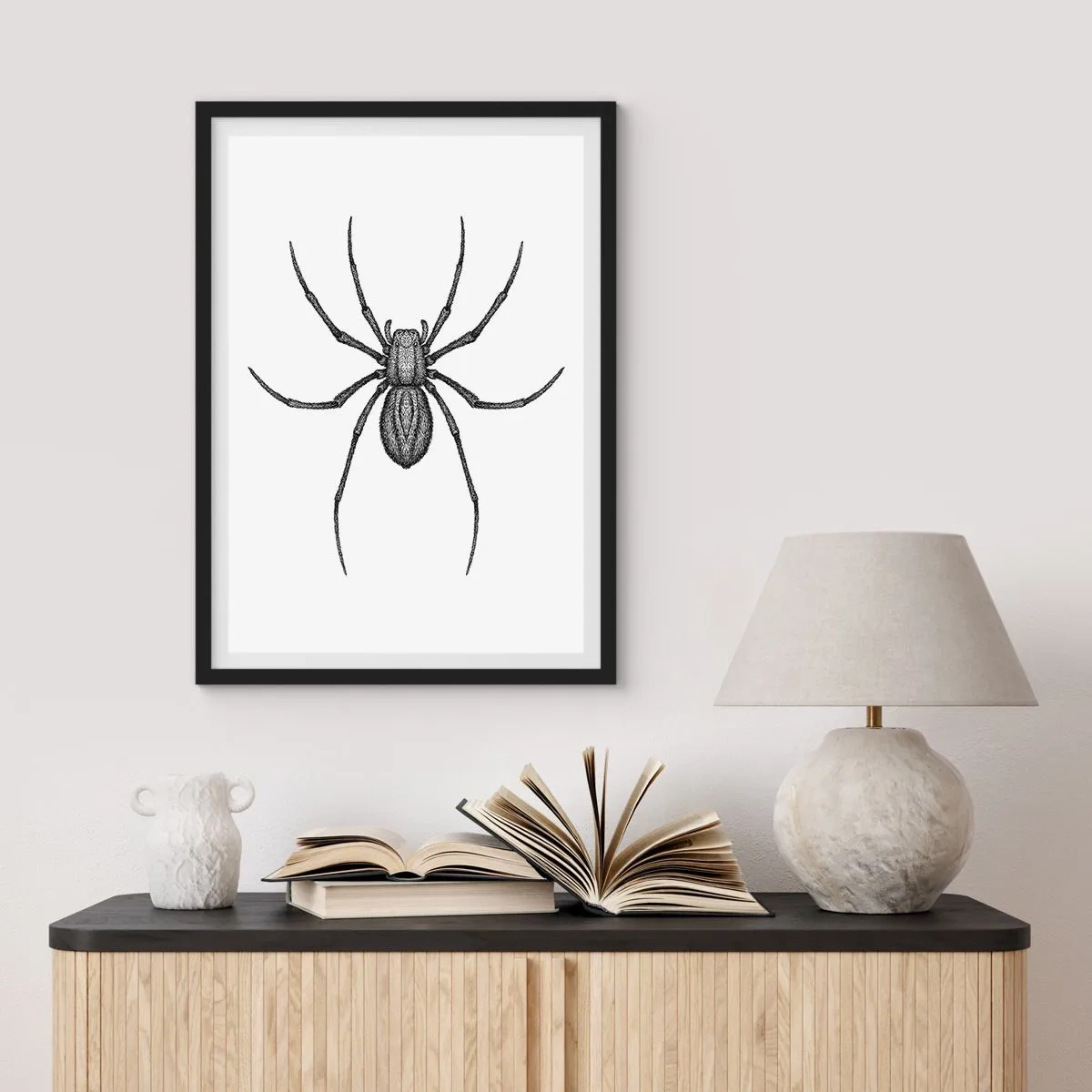 Pôster com moldura preta - Ilustração detalhada de uma aranha em um fundo branco - 50x70cm - Precisão perturbadora - Decoração de parede moderna para a sala de estar e quarto ARTTOR