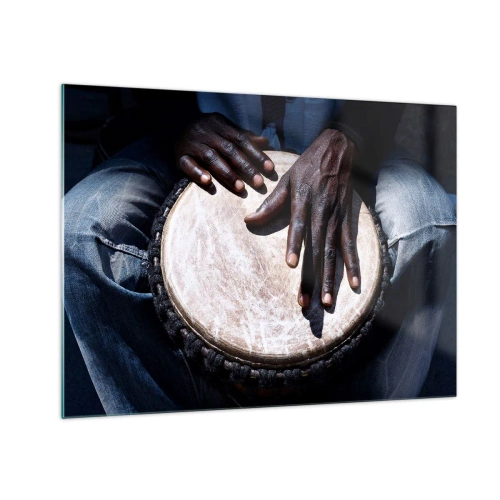 Quadro em vidro - Close-up de mãos tocando um tambor djembê - 70x50cm - Viva no seu próprio ritmo - Decoração de parede moderna para a sala de estar e quarto ARTTOR