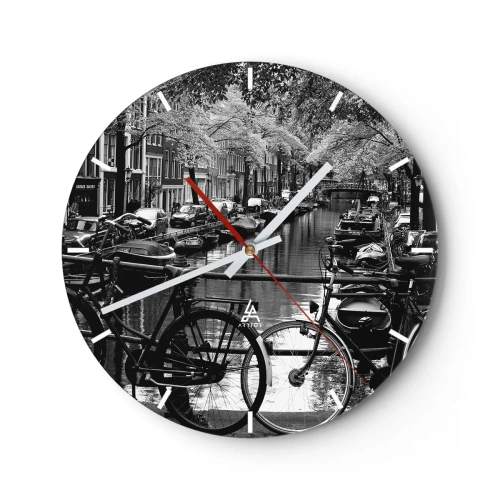 Relógio de parede - Relógio em vidro - Vista em preto e branco de um canal com bicicletas em Amsterdã - 30x30cm - Vista muito holandesa - Decoração de parede moderna para a sala de estar, cozinha e quarto ARTTOR