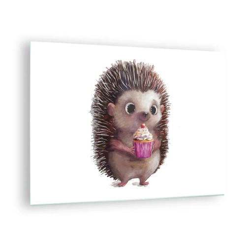 Quadro em vidro - Um ouriço fofo com um bolinho em um fundo branco - 70x50cm - A celebração é diária - Decoração de parede moderna para a sala de estar e quarto ARTTOR