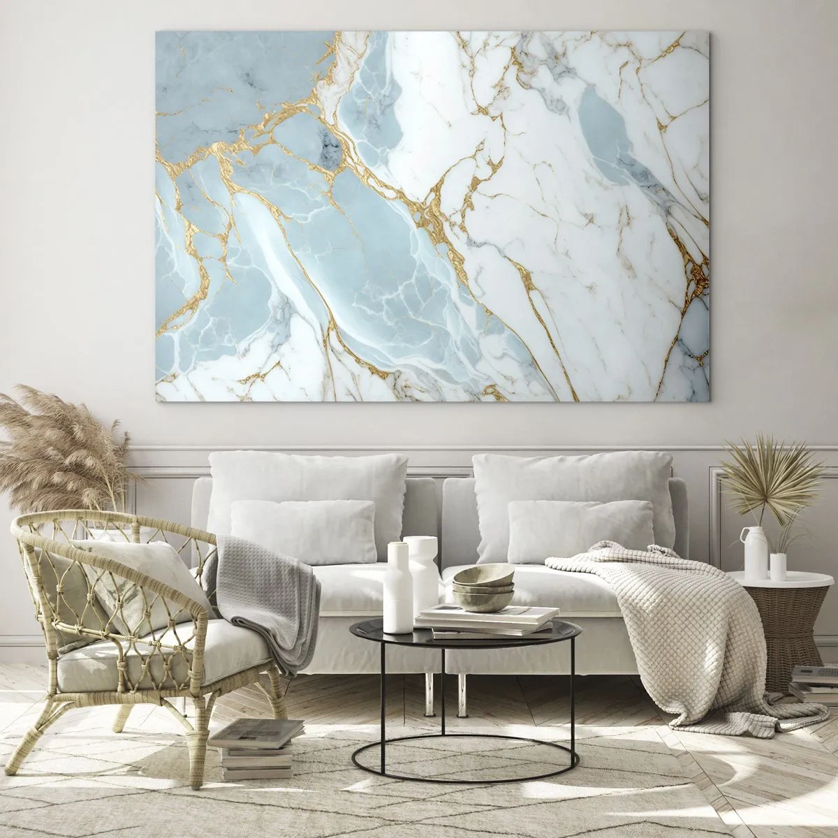 Quadro em vidro - Mármore abstrato em tons de azul e dourado - 70x50cm - Riqueza de pedra - Decoração de parede moderna para a sala de estar e quarto ARTTOR