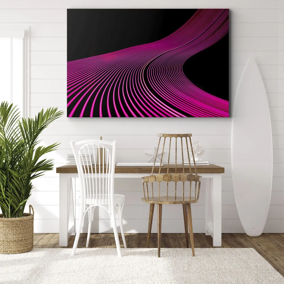 Quadro em tela - Linhas futuristas em tons de rosa sobre fundo preto - 70x50cm - Avenida da luz - Decoração de parede moderna para a sala de estar e quarto ARTTOR