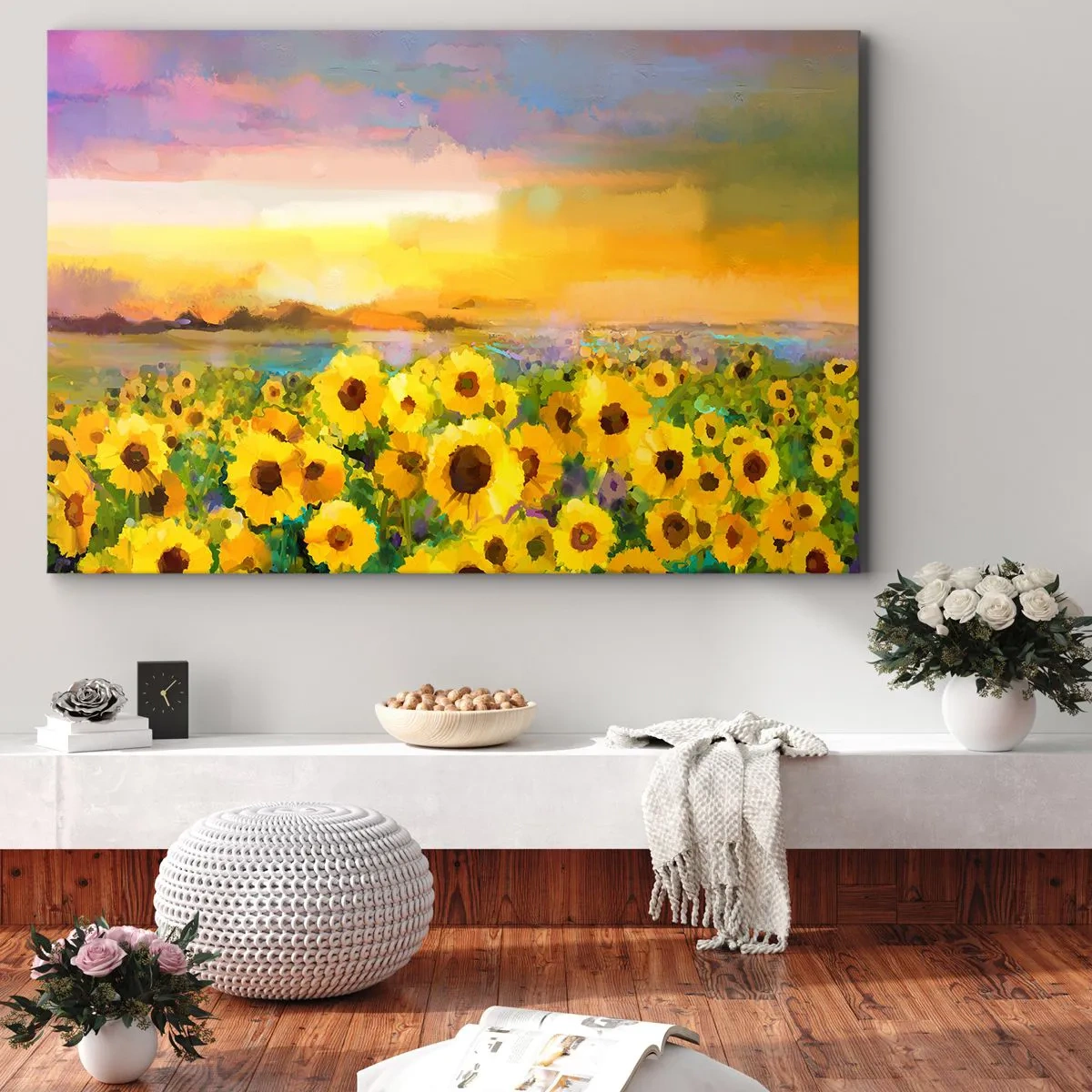 Quadro em tela - Um campo de girassóis à luz do pôr do sol - 70x50cm - O próprio sol desceu à terra - Decoração de parede moderna para a sala de estar e quarto ARTTOR