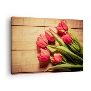 Quadro em tela - Um buquê de tulipas rosa em um fundo de madeira - 70x50cm - Declaração de primavera - Decoração de parede moderna para a sala de estar e quarto ARTTOR