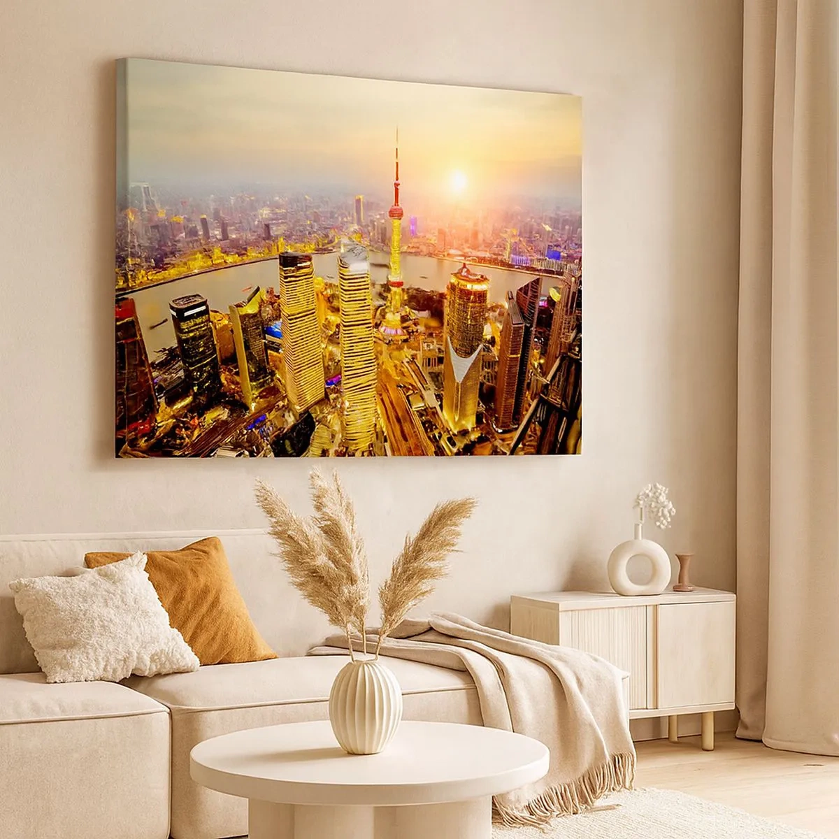 Quadro em tela - Panorama da cidade com arranha-céus ao pôr do sol - 70x50cm - Sonho asiático - Decoração de parede moderna para a sala de estar e quarto ARTTOR