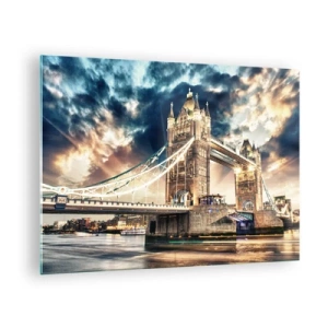 Quadro em vidro - Tower Bridge em Londres contra um céu dramático - 70x50cm - Monumento ao Império Vitoriano - Decoração de parede moderna para a sala de estar e quarto ARTTOR