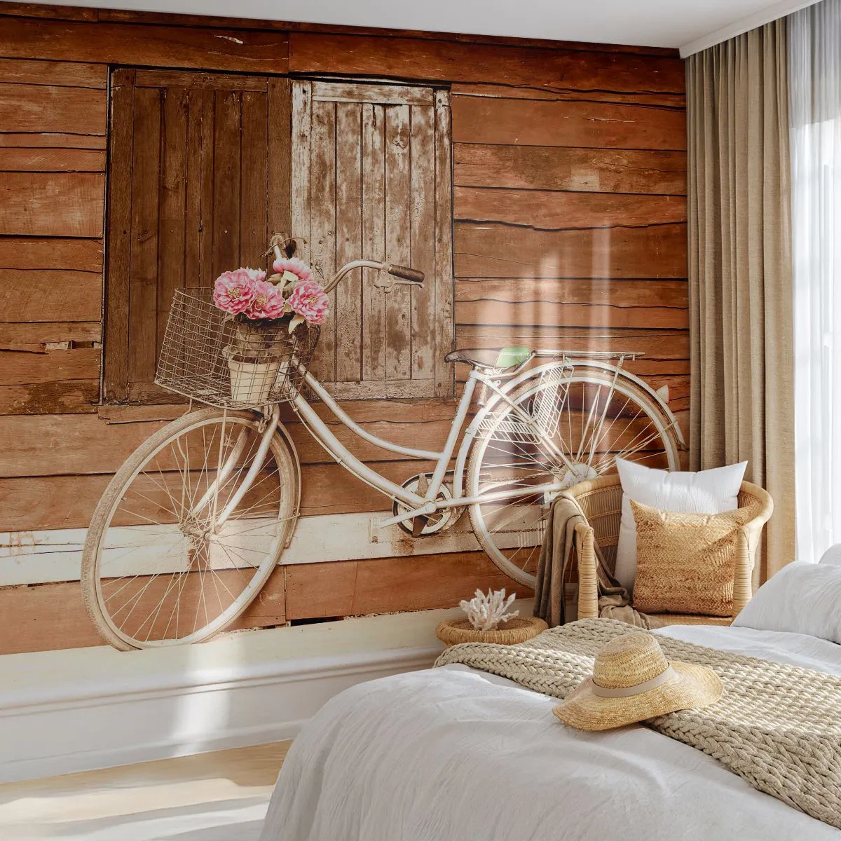 Papel de Parede Premium Canvas - Volto logo - Bicicleta, Flores, Casa de madeira - 250x175 cm