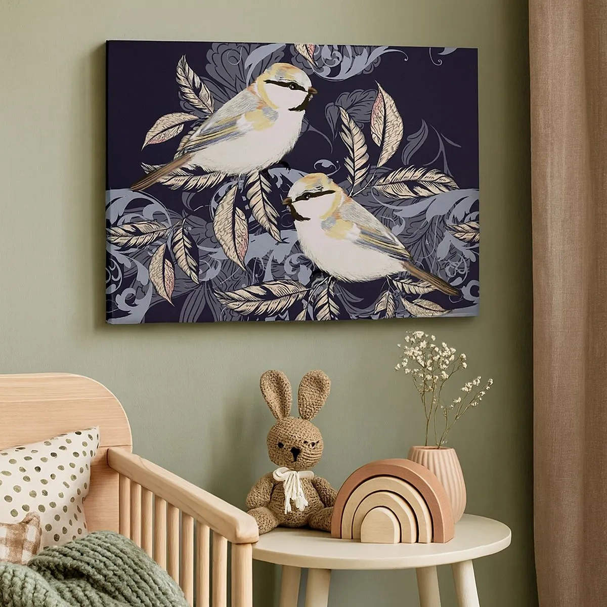 Quadro em tela - Pássaros em galhos em um fundo ornamental - 70x50cm - Canto amarelo-azul - Decoração de parede moderna para a sala de estar e quarto ARTTOR