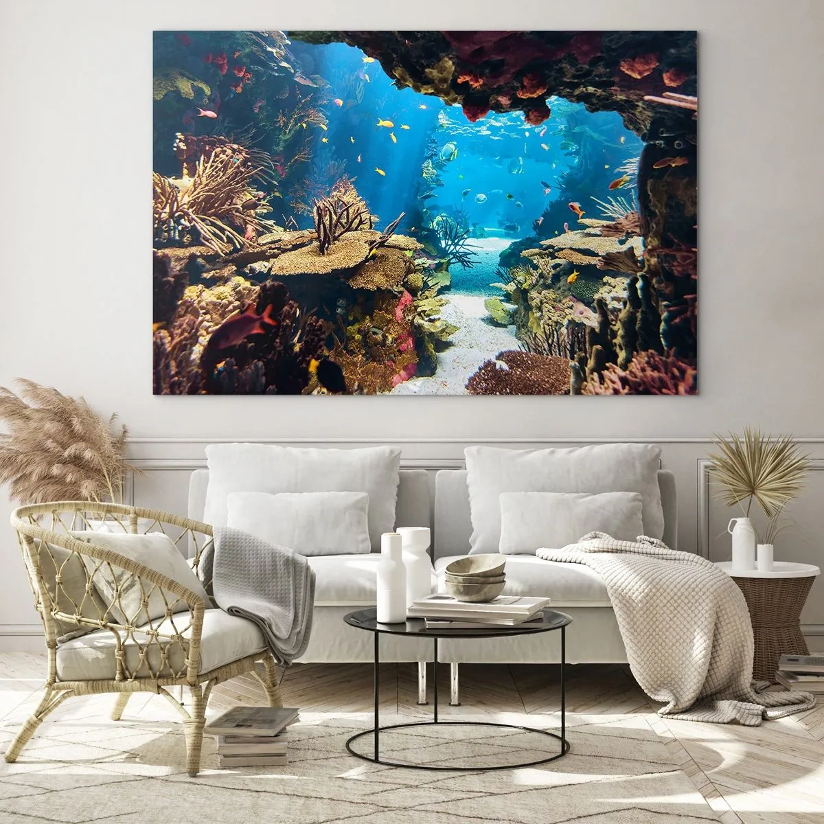 Quadro em vidro - Mundo subaquático com recifes de corais e peixes - 70x50cm - Mais belo que um sonho - Decoração de parede moderna para a sala de estar e quarto ARTTOR