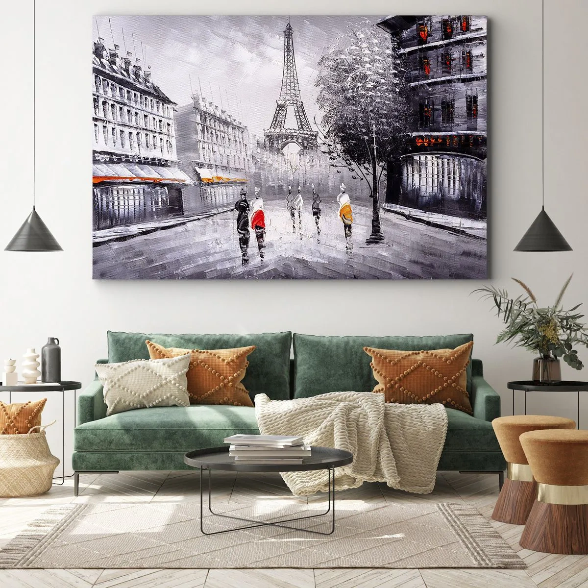 Quadro em tela - Uma vista da Torre Eiffel em um ambiente monocromático com toques de cor - 70x50cm - Passeio em Paris - Decoração de parede moderna para a sala de estar e quarto ARTTOR