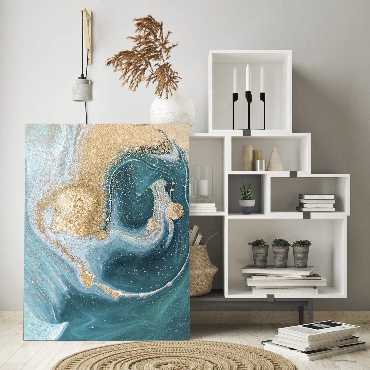 Quadro em vidro - Um vórtice de ouro e turquesa - 70x100 cm