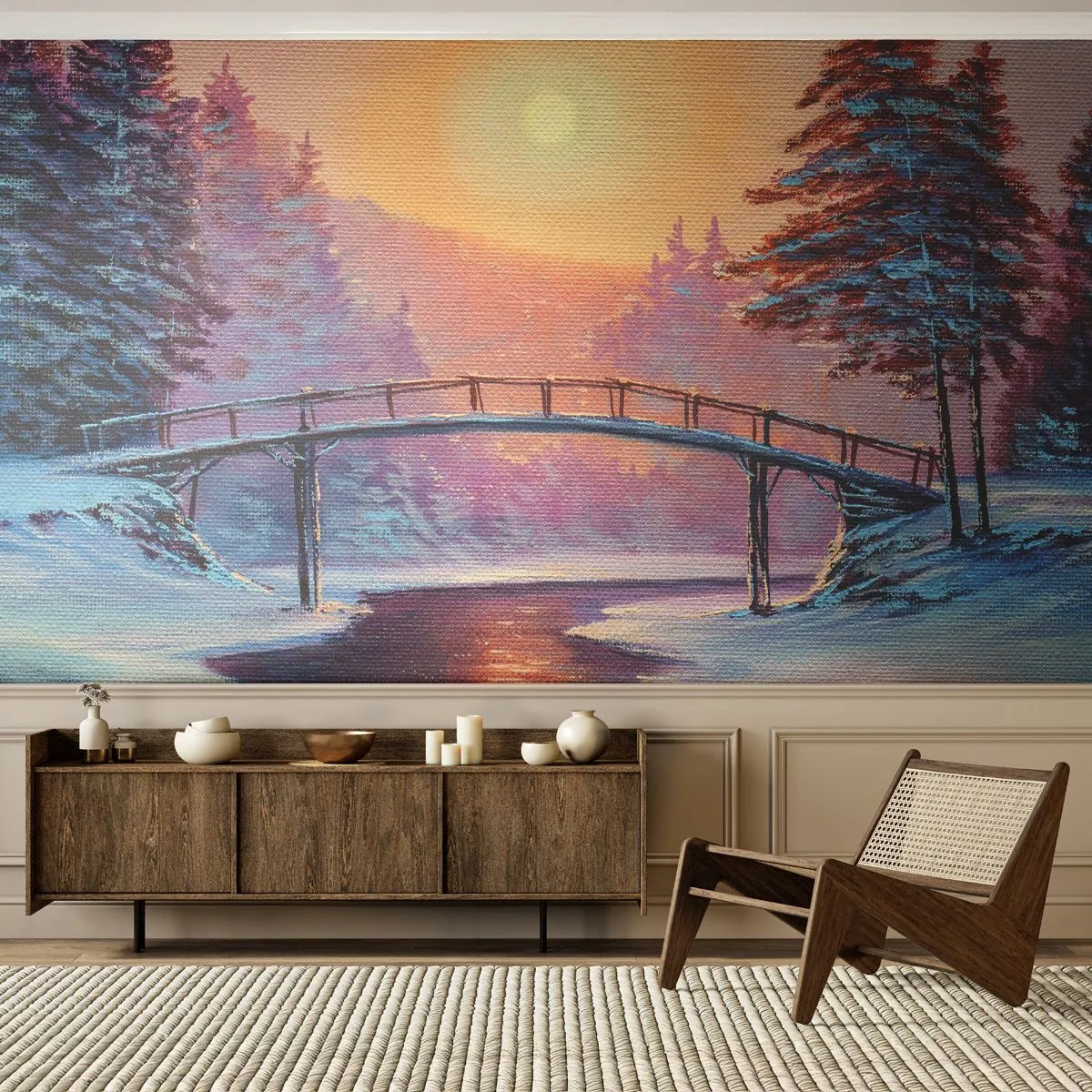 Papel de Parede Standard Eco - Paisagem de inverno com uma ponte e o pôr do sol - 100x70cm - Quatro estações - inverno - Decoração de parede moderna para a sala de estar e quarto ARTTOR